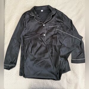 Classic Black Satin Pajama Set with White Piping - Women